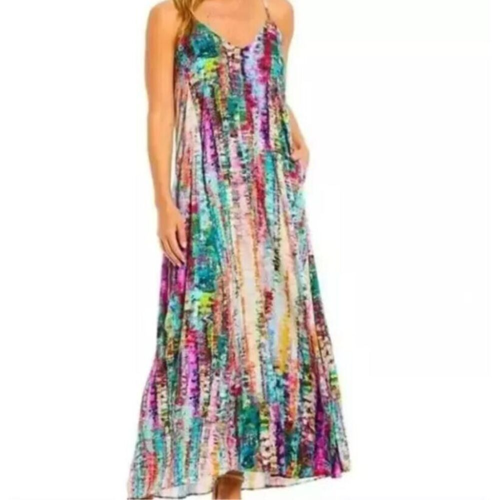 Nicole Miller Watercolor Abstract Print Satin Charmeuse Slip Maxi Dress Size‎ XS
